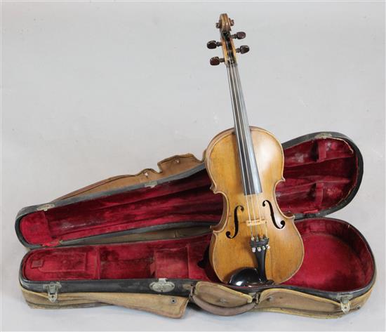 A violin with two piece back, bearing a label for Vasciscus Gobetti Fecit, overall 23.5in., cased